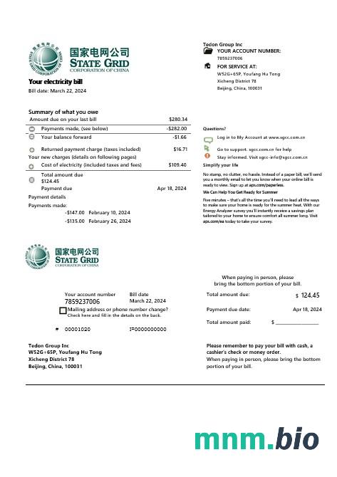 China State Grid Corporation Of China electricity rachunek za usługi komunalne w formatach word i pdf